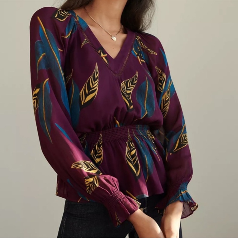Farm Rio Top Jennifer Blouse Purple Leaf Print V Neck Sz S EUC
